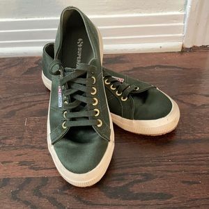 Superga Size 8.5 Olive green Satin shoes.